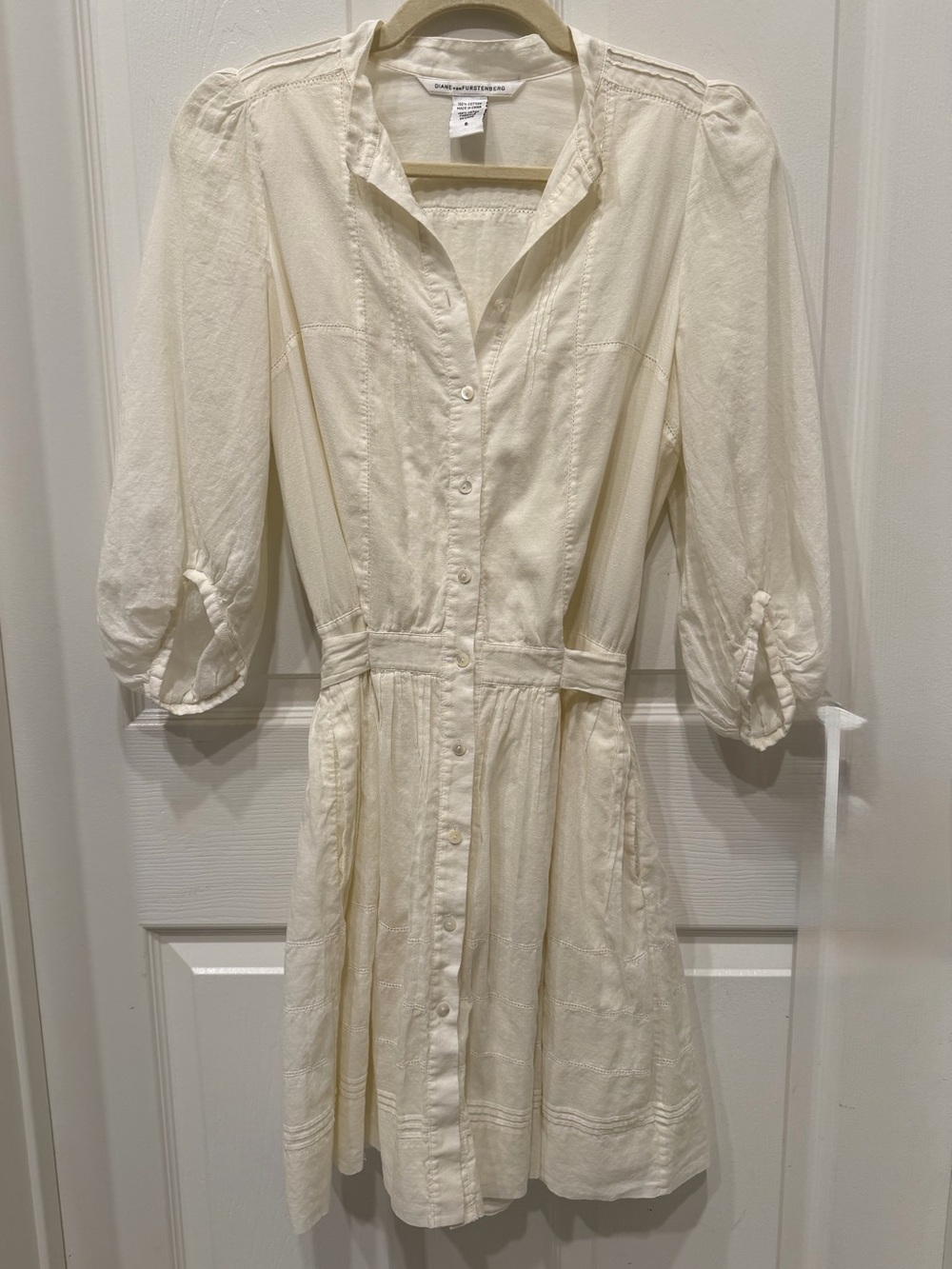 Diane von Furstenberg Ivory Cotton Pintuck Shirt Dress Belted Size 6 DVF